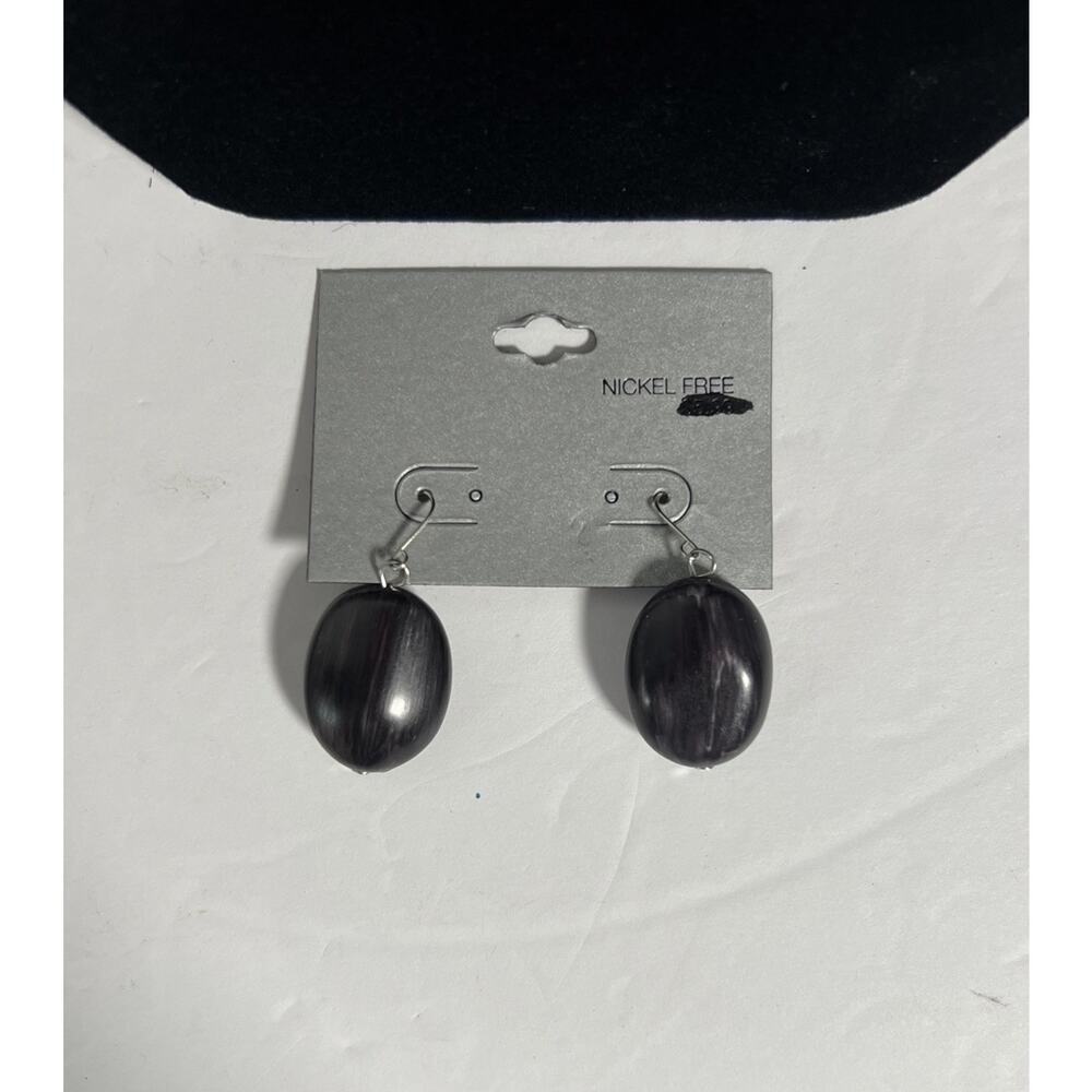 Dangle Earrings Dark Textured Oval Stone Nickel Free Boho Statement Jewelry 1” L